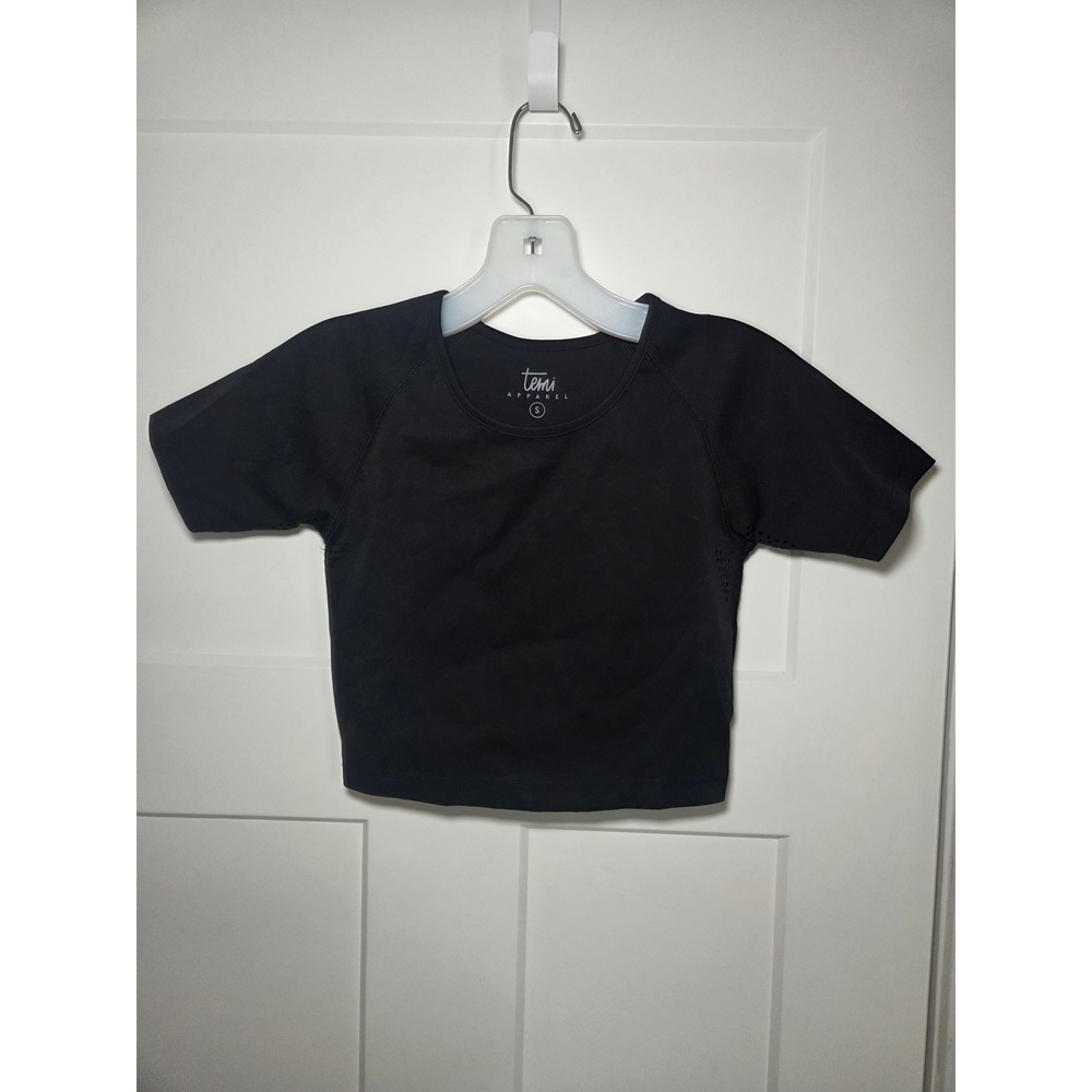 Temio Apparel Black Short Sleeve Crop Top Activewear Gym Shirt Small